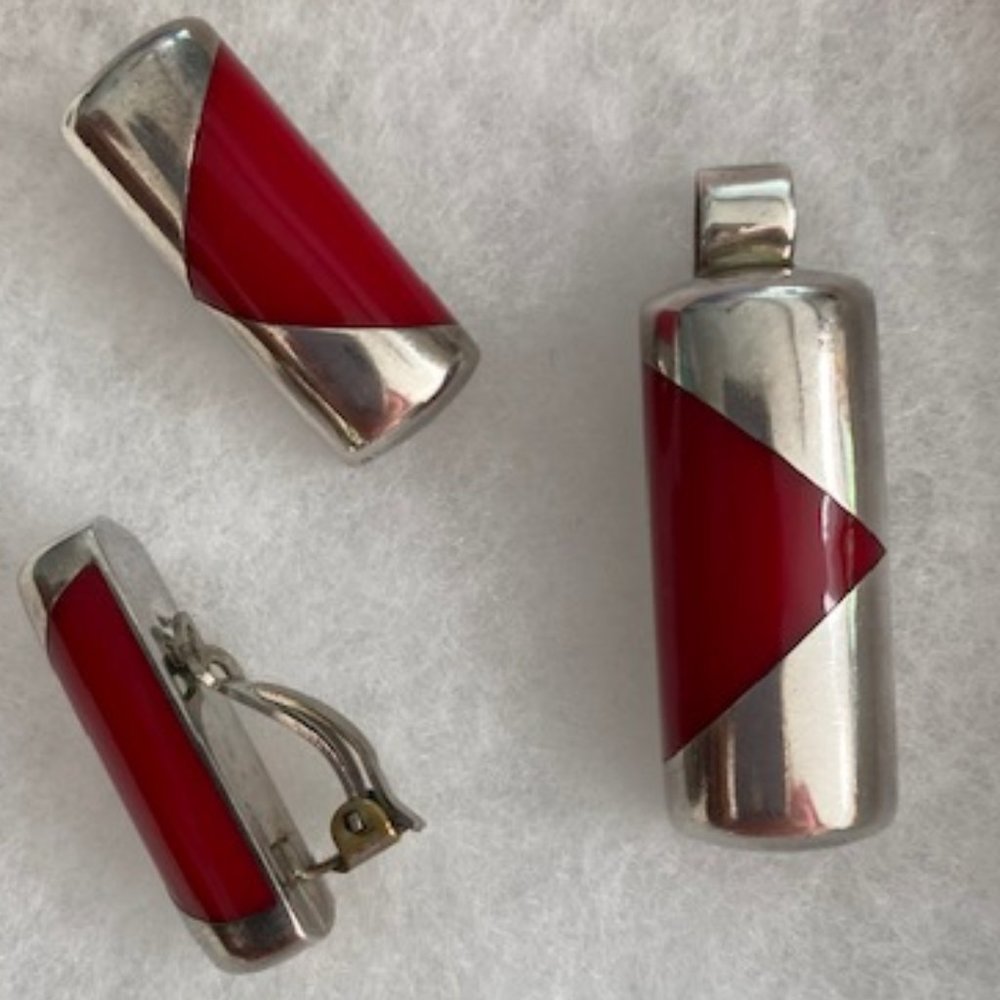 Coral Silver Earrings and Pendant Set